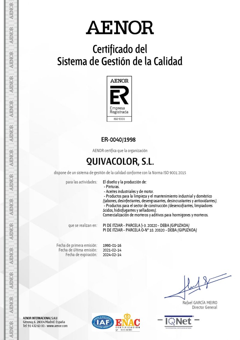 Certificado AENOR Quivacolor 2021